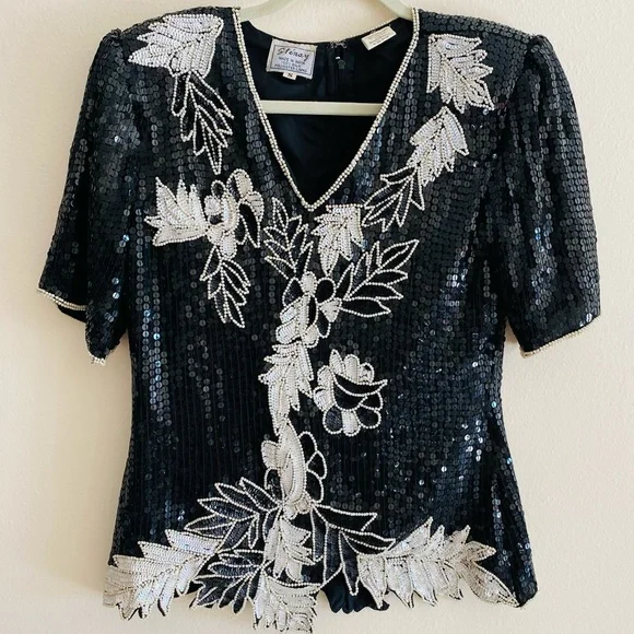 Stenay Vintage beaded 100% silk short sleeve sequins top - Picture 4 of 7